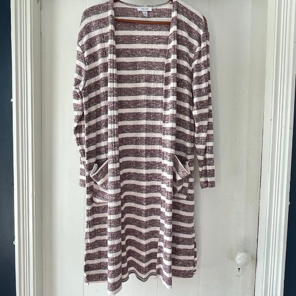 Nine West Womens Small Open Long Cardigan Duster Striped Gray Burgundy EUC